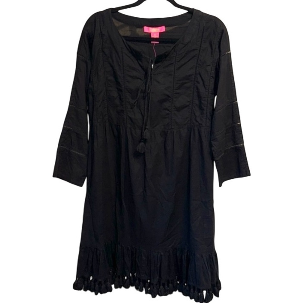 Catherine Malandrino dress black boho peasant tassel front & trim detail cotton